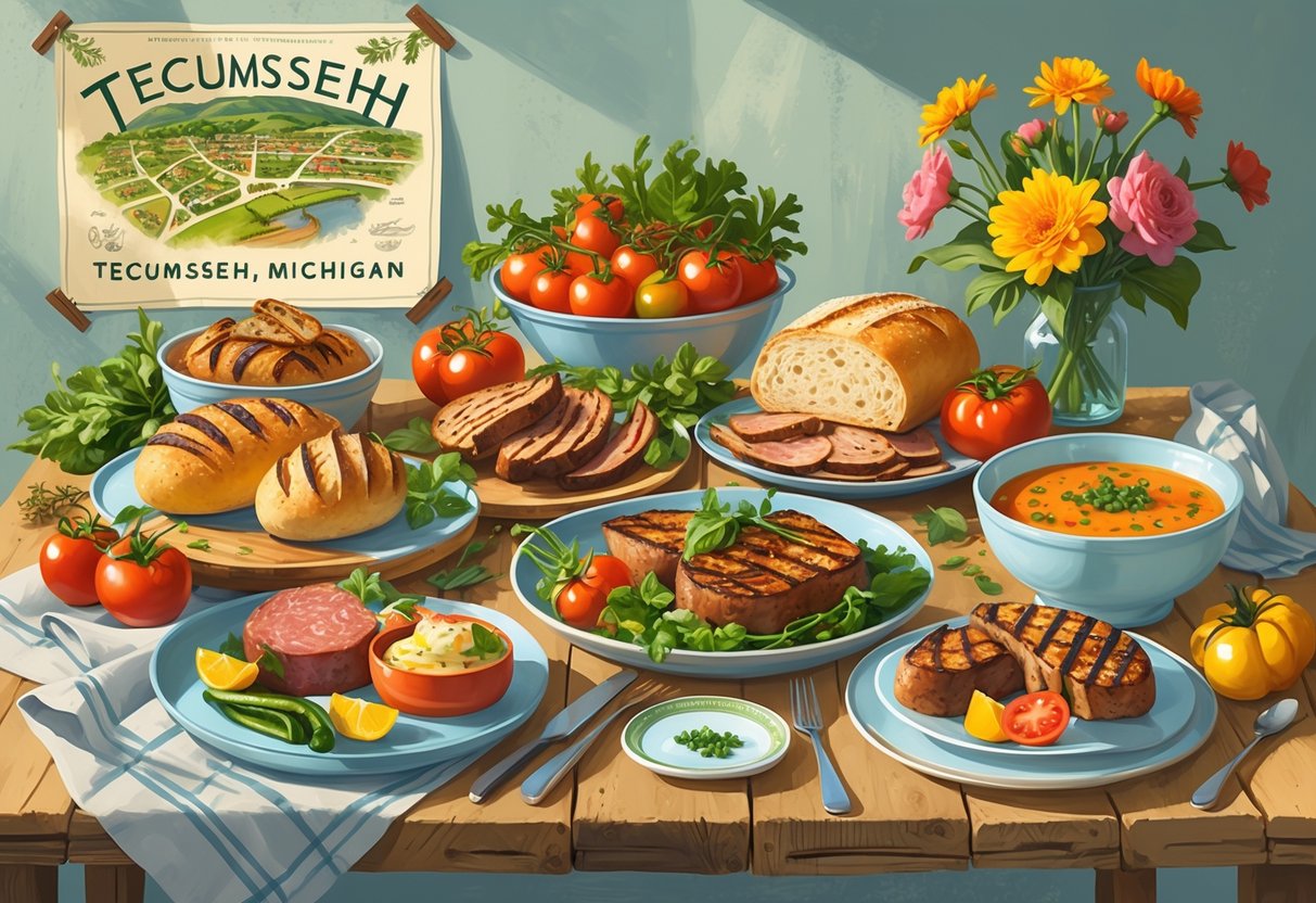 A wooden table displaying various fresh foods including bread, vegetables, grilled meats, and soup, with a small map and flowers nearby.