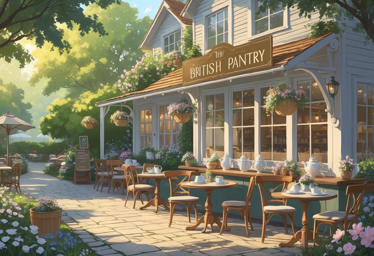 An outdoor tea garden cafe with wooden tables and chairs surrounded by flowers and greenery, featuring teapots and plates of pastries on the tables.