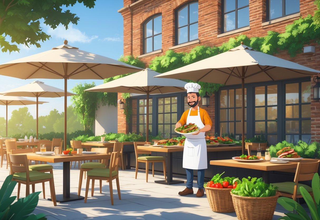 An outdoor Mediterranean grill restaurant with a chef preparing fresh pita wraps filled with vegetables and grilled chicken at wooden tables under umbrellas.