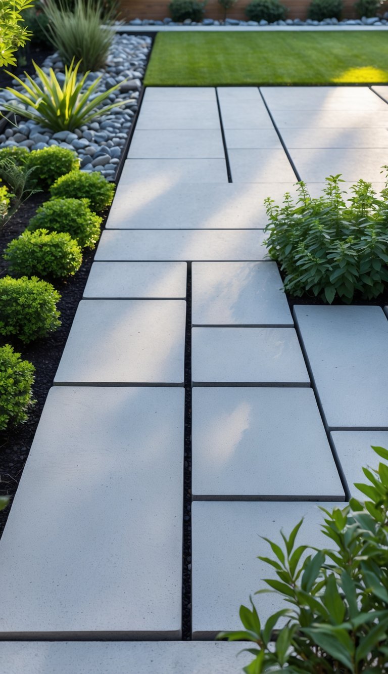 A backyard garden with geometric concrete pavers arranged in clean lines surrounded by green plants and shrubs.