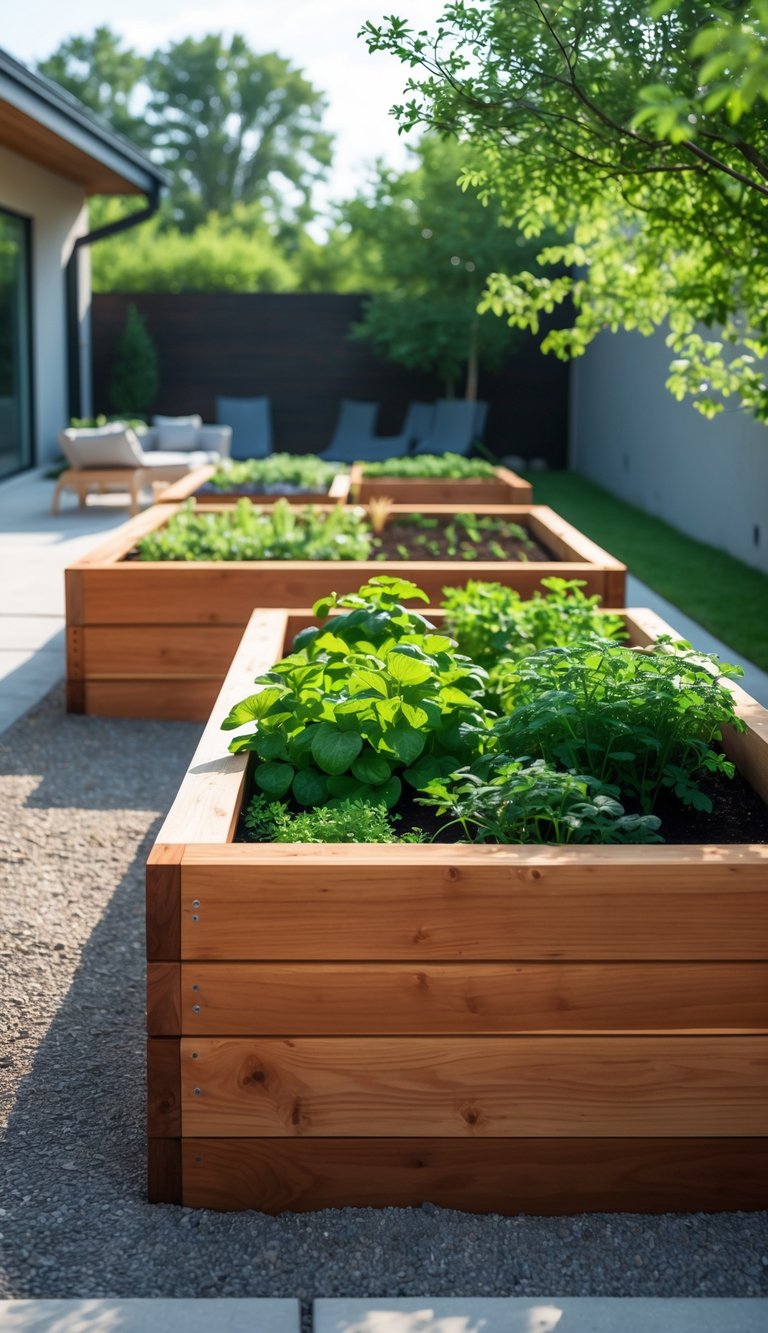 A backyard with neatly arranged cedar wood raised garden beds filled with green plants and herbs under natural daylight.