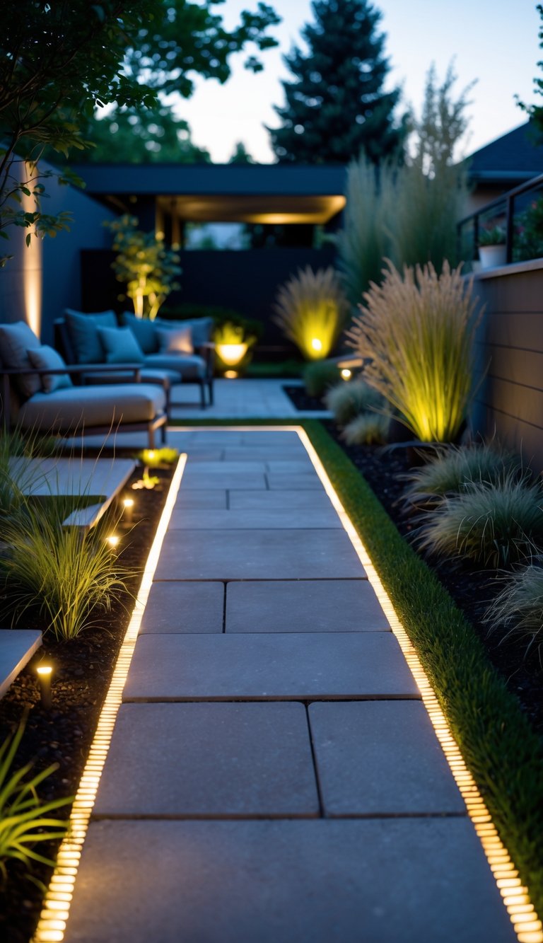 A modern backyard garden pathway illuminated by integrated LED lights with plants and outdoor seating visible in the background.