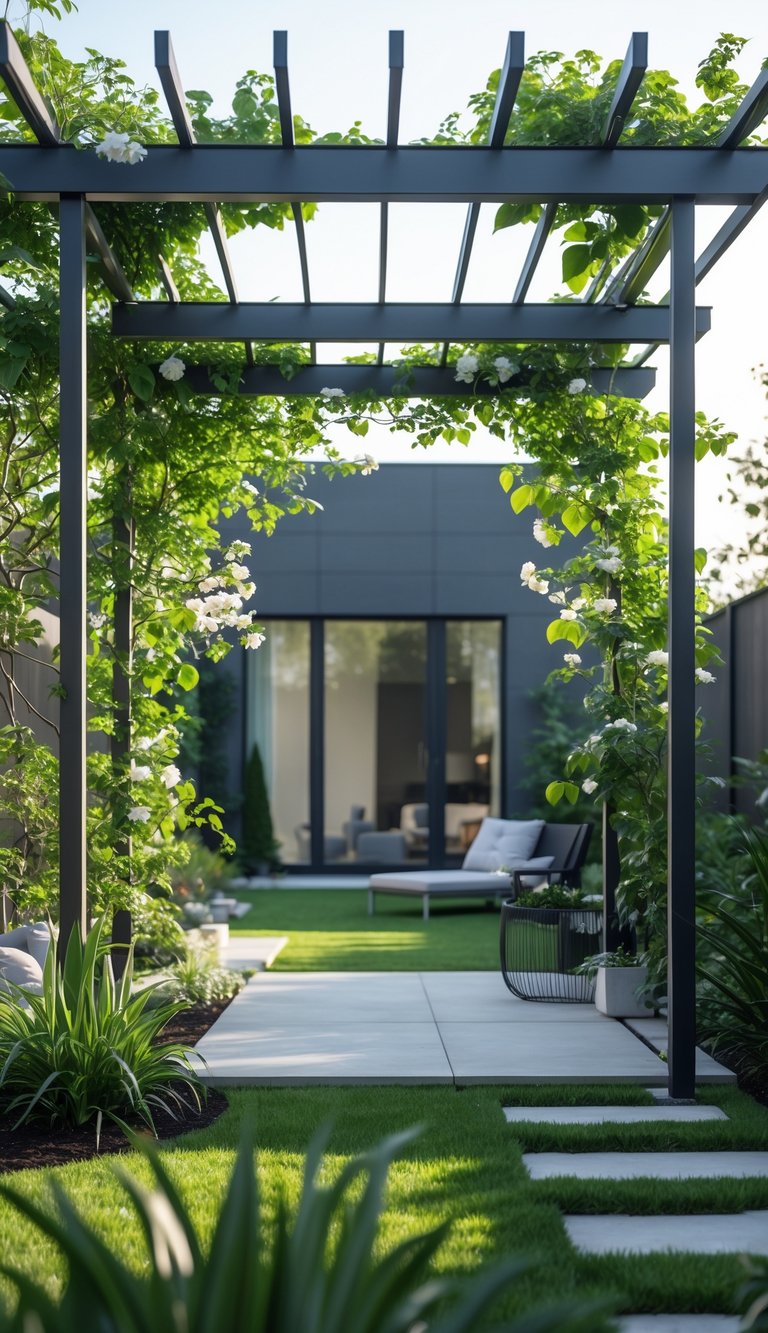 A metal pergola covered with climbing plants in a backyard garden with green plants and outdoor furniture.