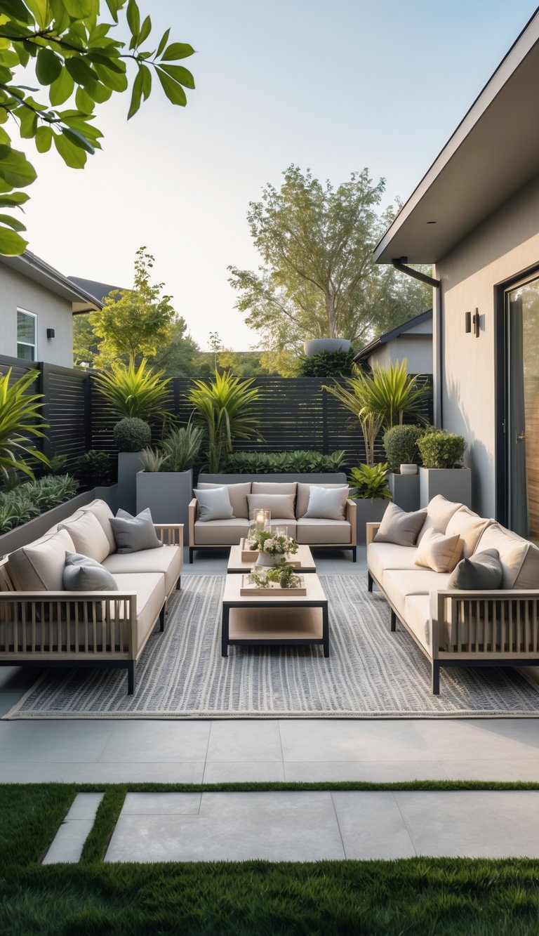 A backyard garden with neutral-colored outdoor furniture arranged on a patio surrounded by green plants and grass under a clear sky.