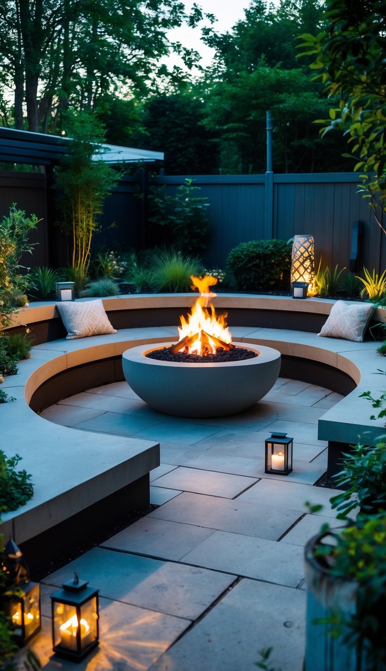 Outdoor backyard fire pit with concrete seating surrounded by plants and soft lighting.
