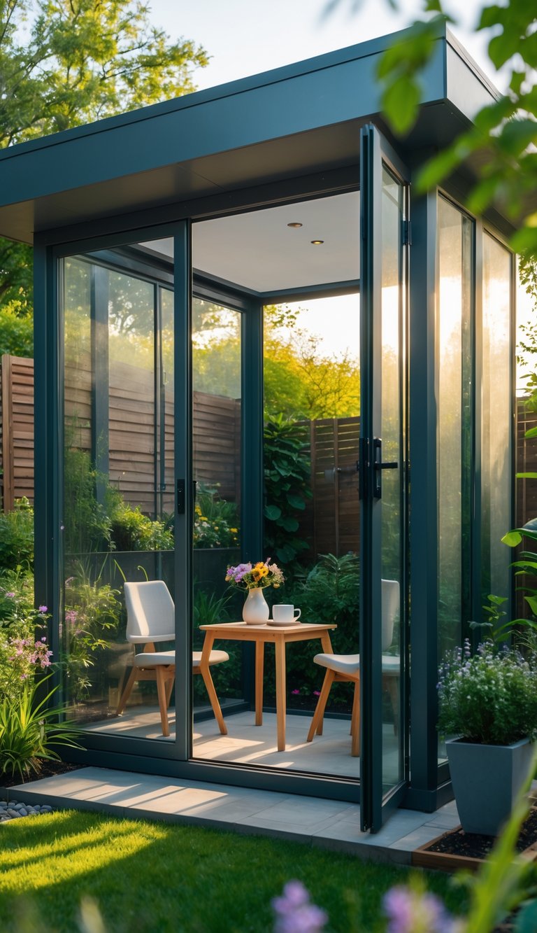Glass-walled garden room in a backyard with a table set for morning coffee surrounded by green plants and flowers.