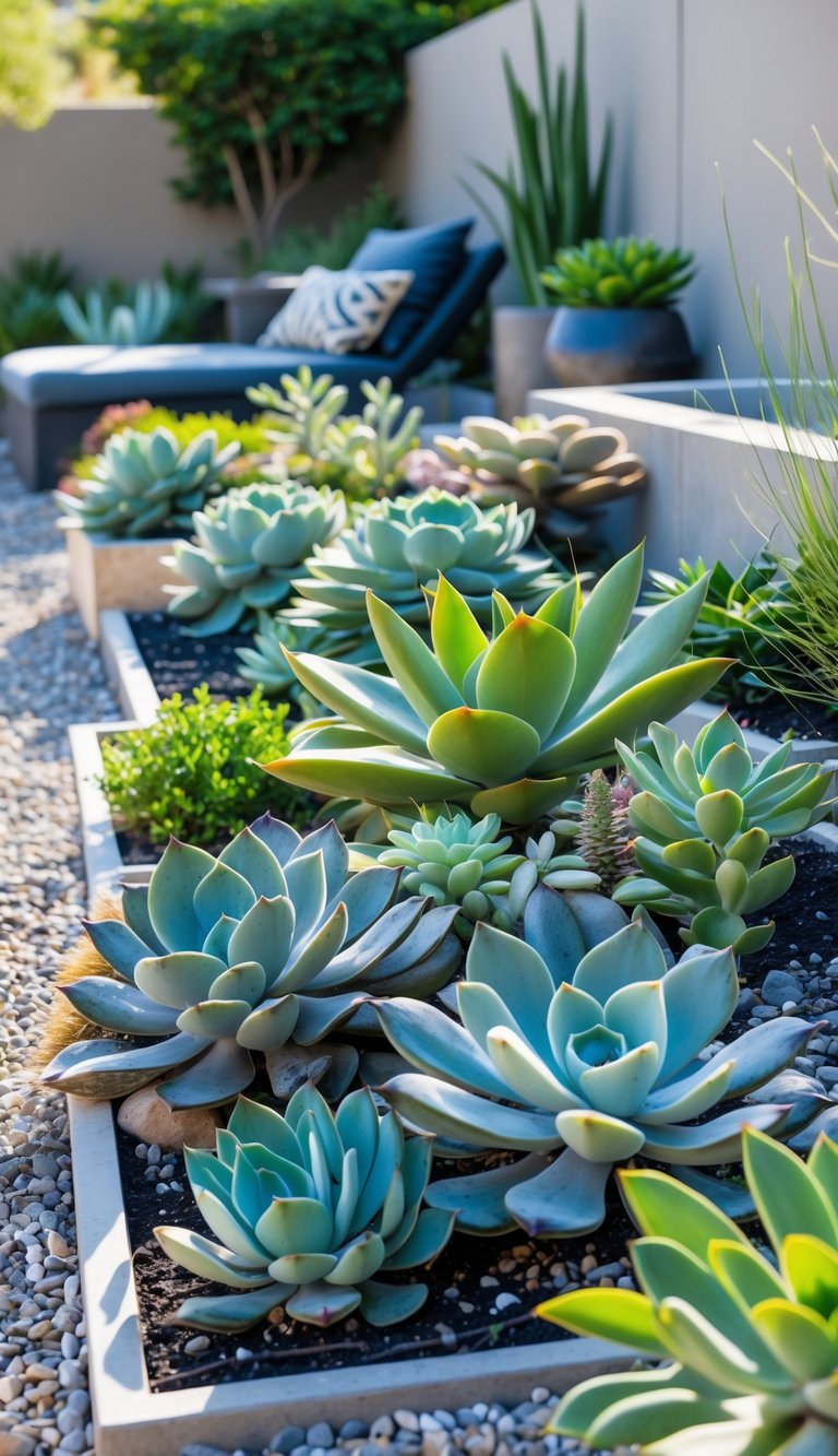 A backyard garden with clusters of succulent and drought-resistant plants arranged in raised beds and pots, surrounded by gravel pathways and modern outdoor furniture.