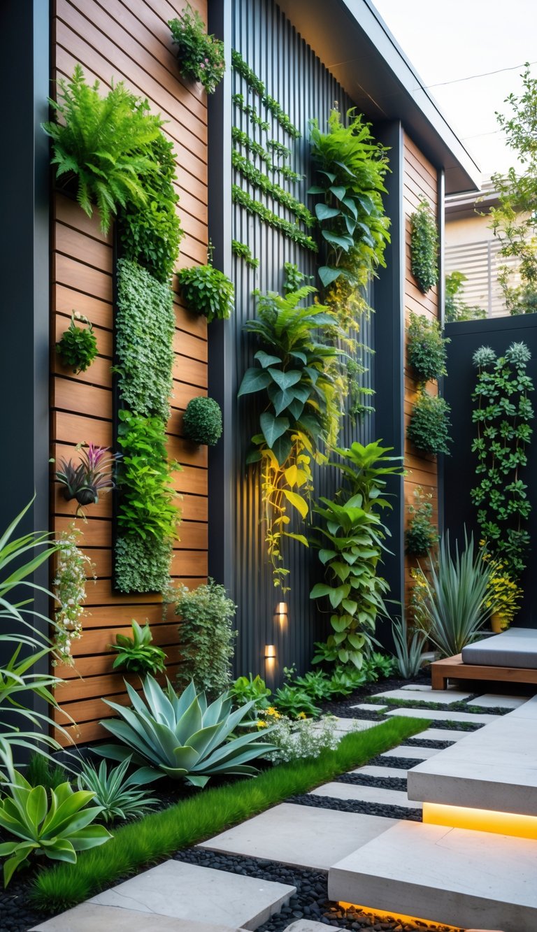 A modern backyard with several vertical garden walls covered in green plants and outdoor furniture.