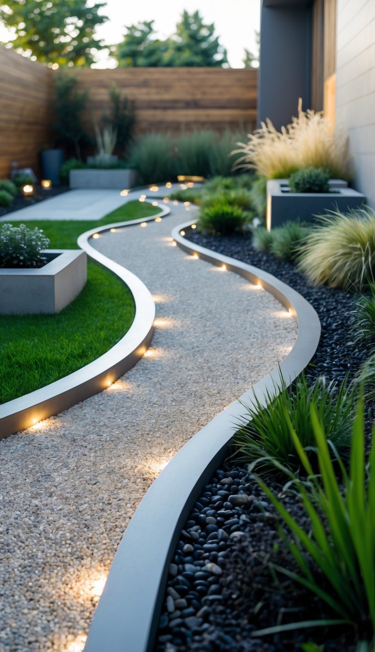 A backyard garden with smooth gravel walkways bordered by edging, surrounded by green grass and plants.