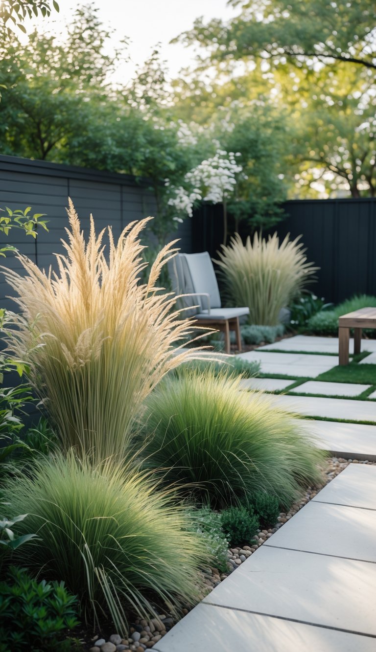 A modern backyard garden with various low-maintenance ornamental grasses, stone pathways, and outdoor furniture under natural sunlight.