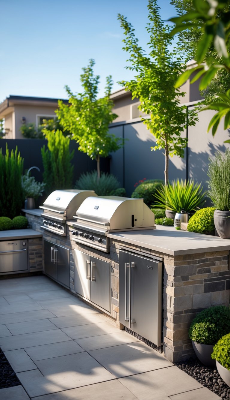 Outdoor kitchen with stainless steel appliances surrounded by green plants and garden landscaping.