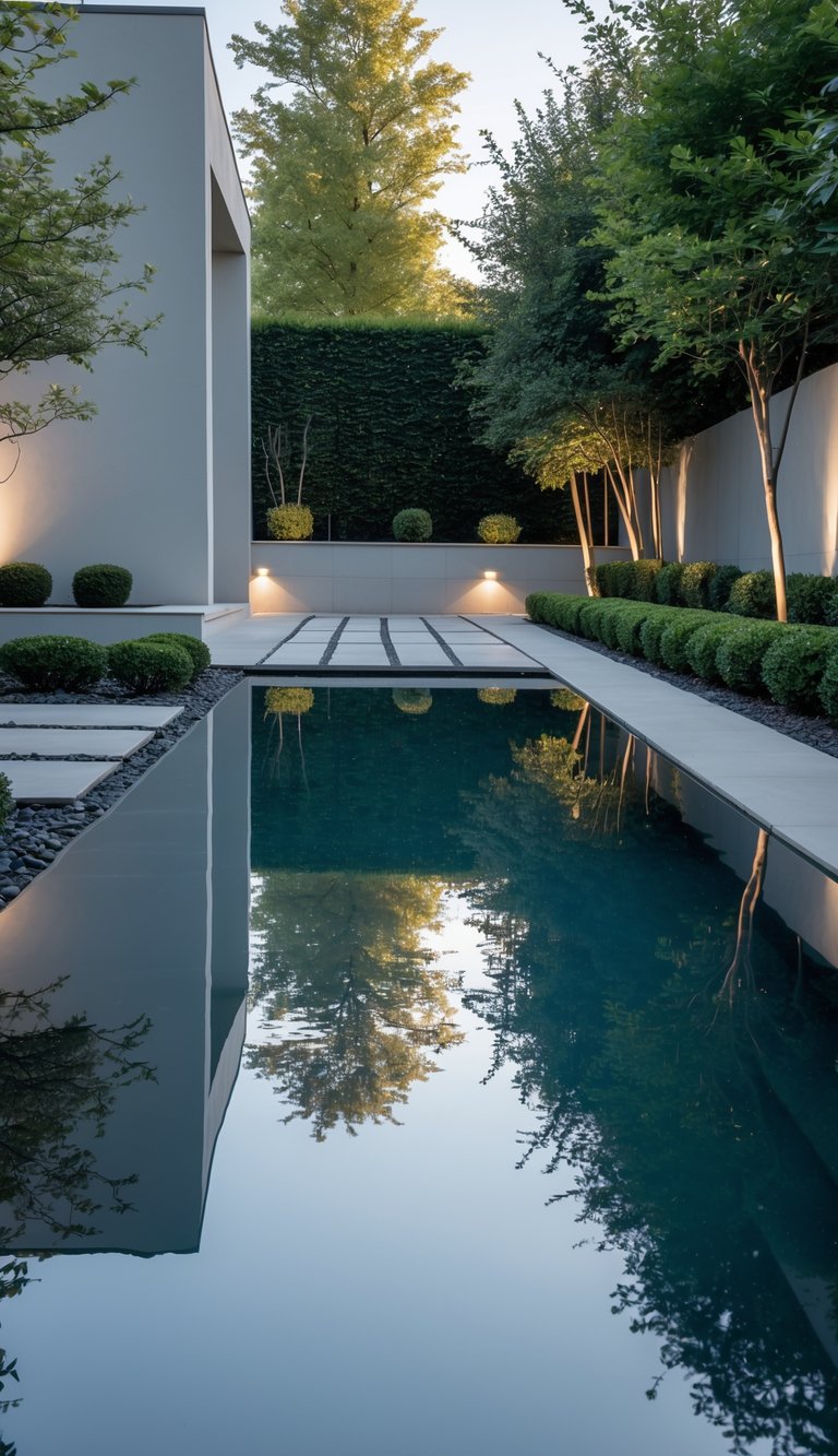 A backyard garden with a calm reflective water feature surrounded by plants and stone pathways.