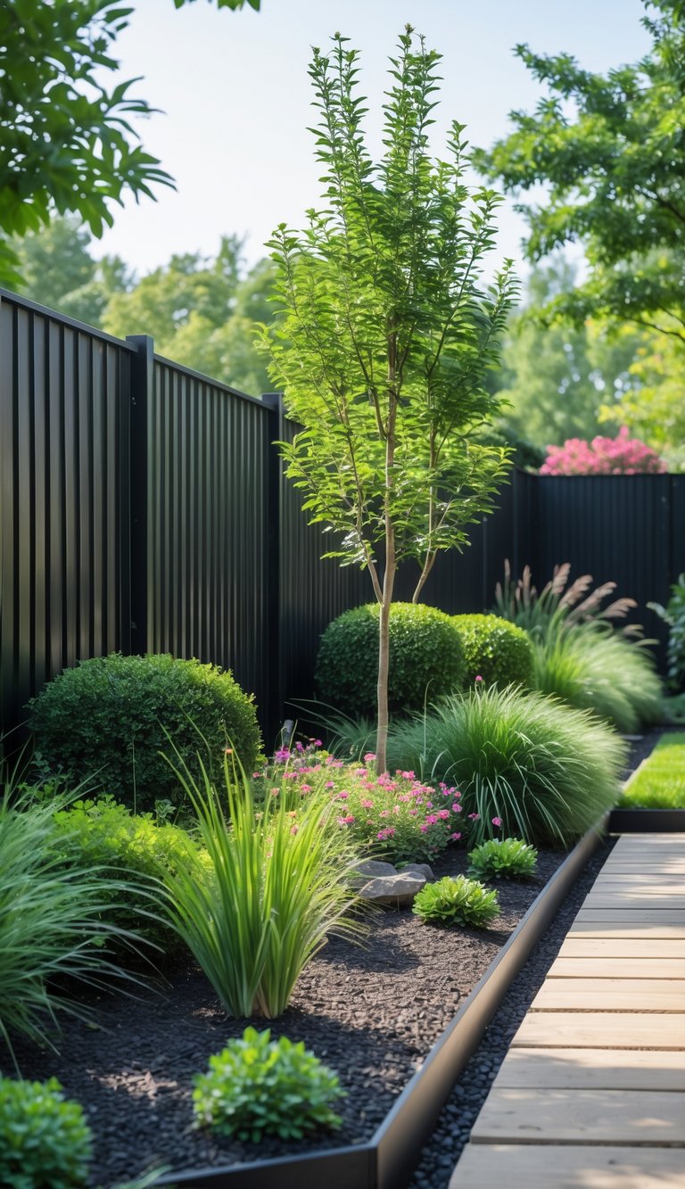 A modern backyard garden with black steel fencing surrounding green plants, flowers, and stone pavers.