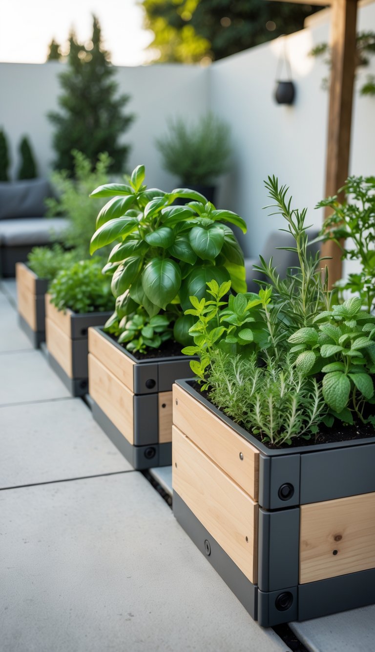 Compact herb garden with modular planters arranged in a modern backyard, showing various green herbs growing.