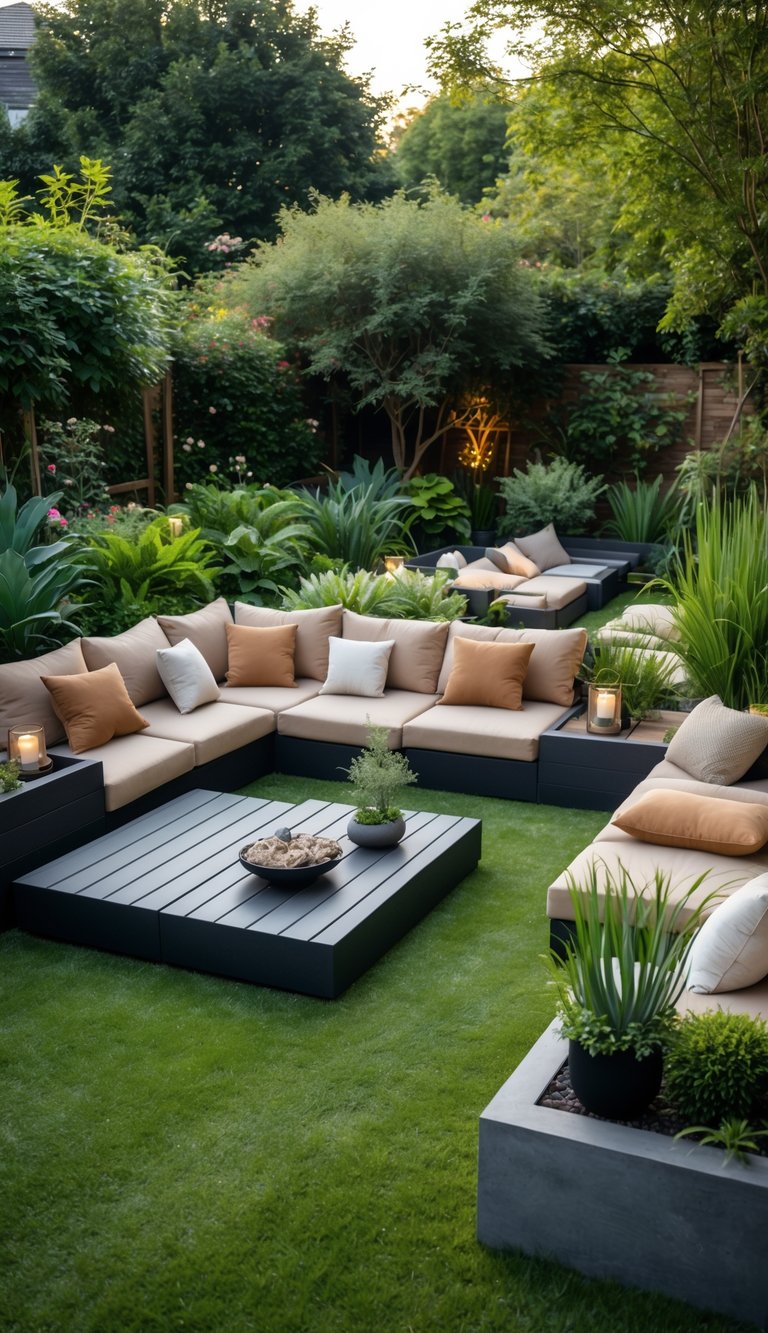 An outdoor lounge area with modular sectional sofas arranged in a backyard garden surrounded by plants and greenery.