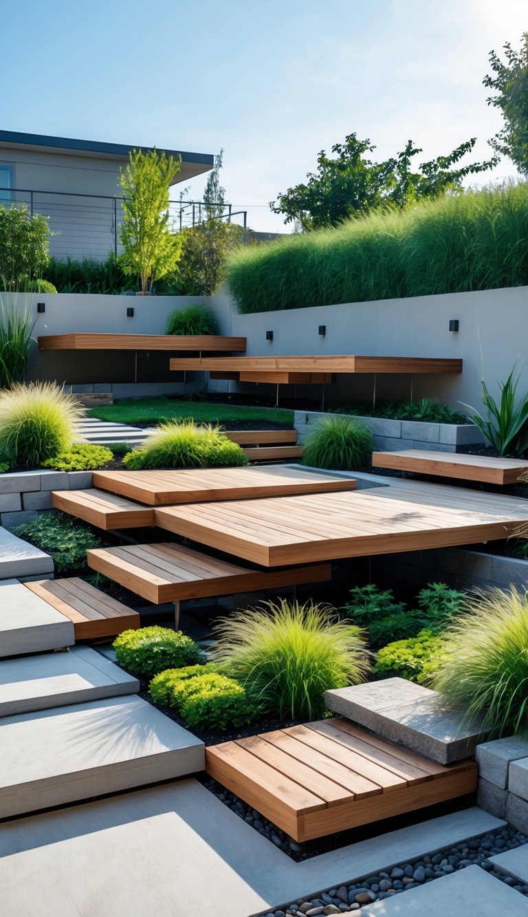 Multiple floating wooden deck platforms arranged in a modern backyard garden with green plants and stone pathways.