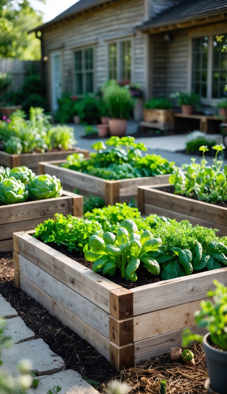 Raised garden beds made of reclaimed wood filled with green plants in a backyard garden.