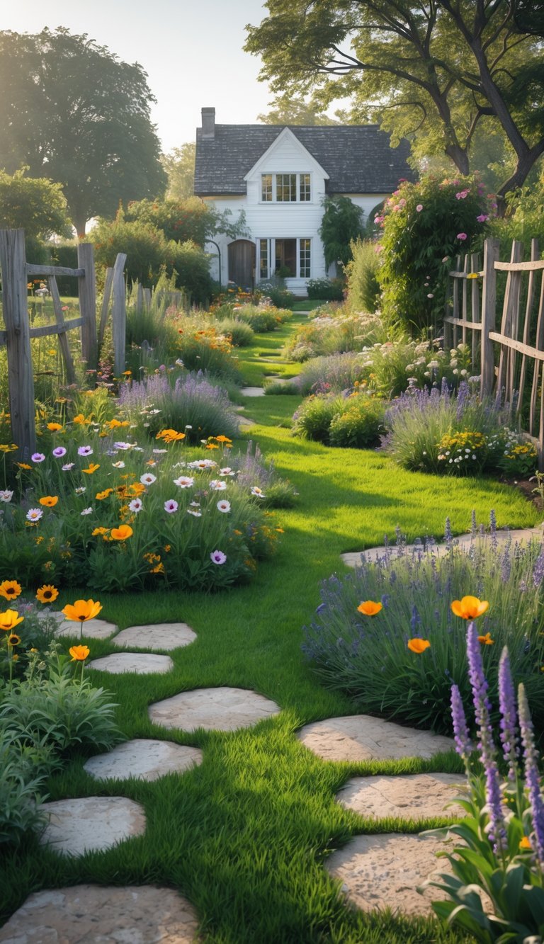 A colorful garden with patches of wildflowers, green grass, wooden fences, stone pathways, and a farmhouse in the background.