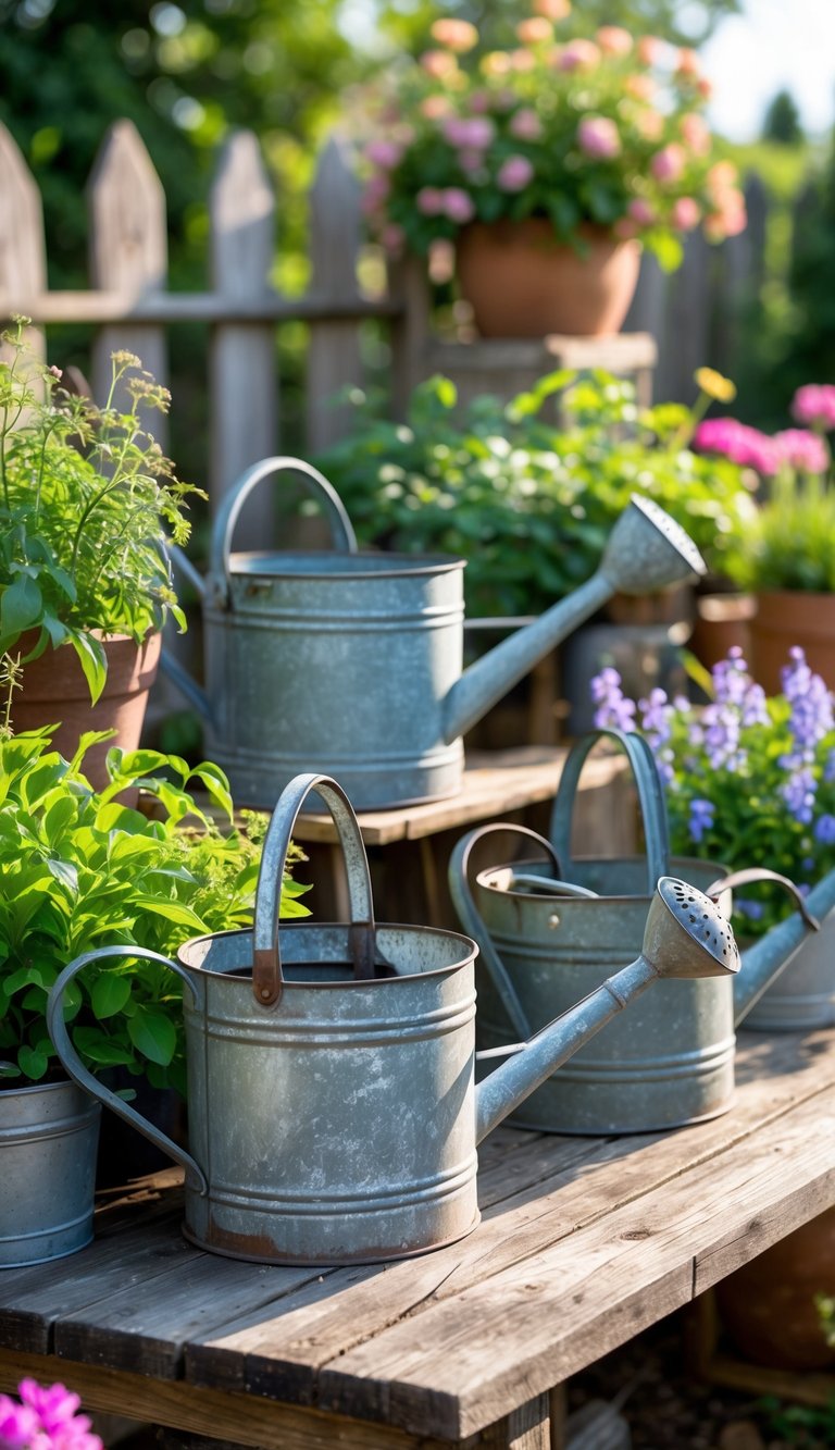 Several vintage metal watering cans displayed on a wooden table surrounded by green plants and flowers in a garden.