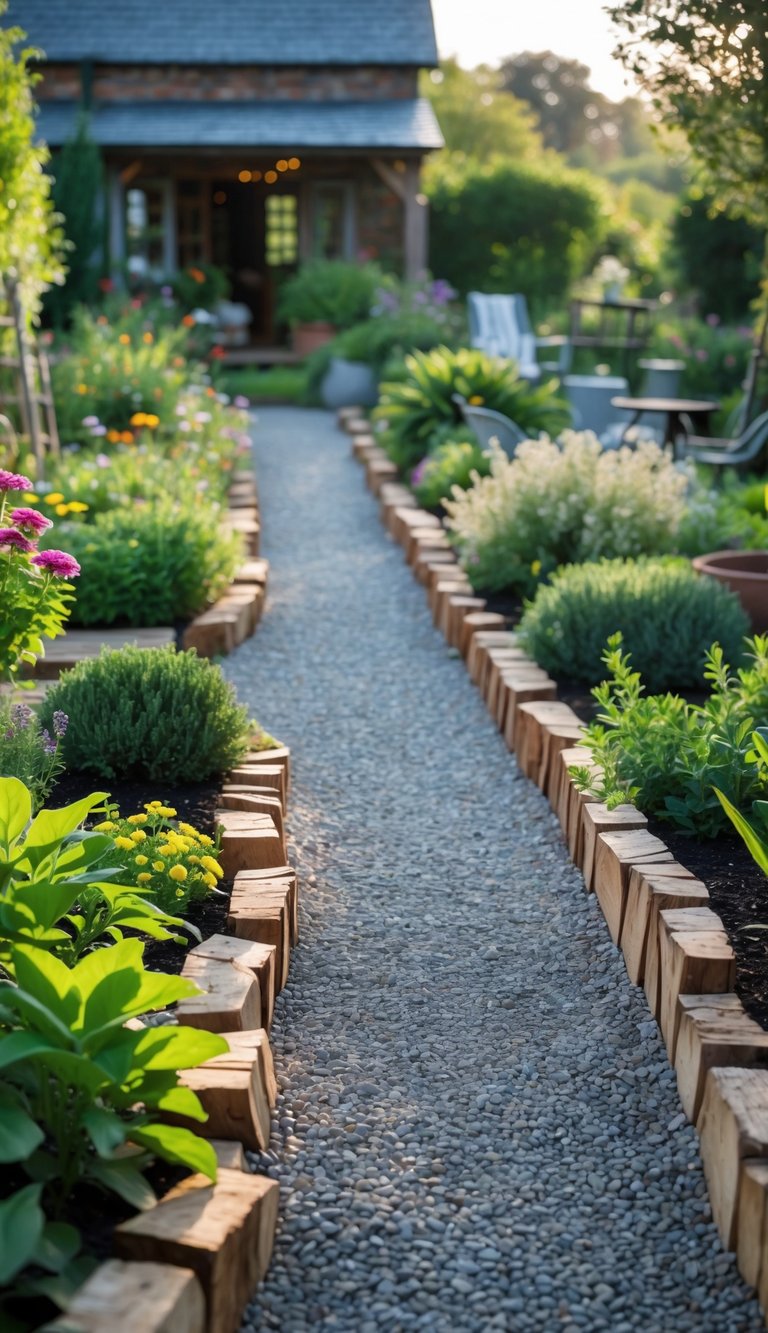 Gravel pathways bordered by wooden logs winding through a garden with plants and flowers.