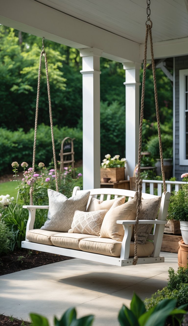 A wooden porch swing with cozy cushions hanging on a covered porch surrounded by plants and flowers.
