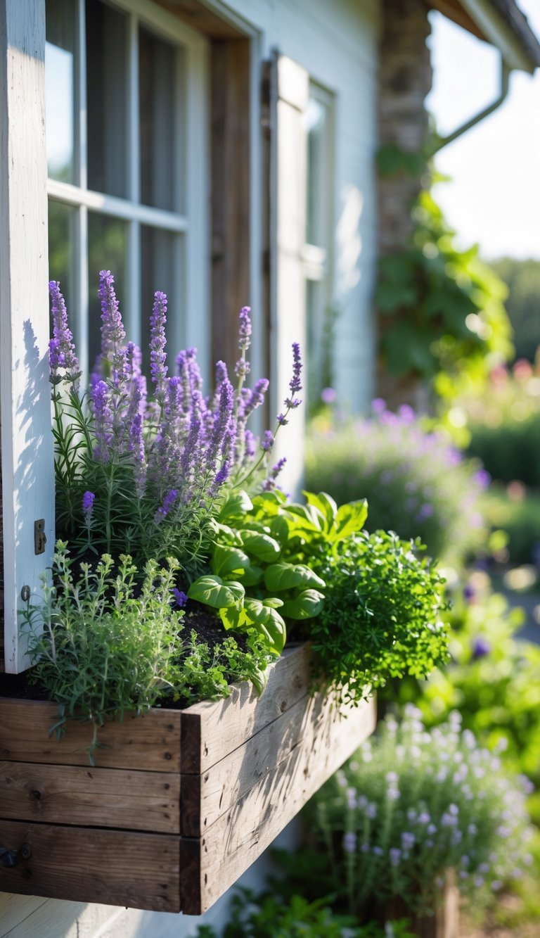 Window boxes filled with blooming lavender and green herbs attached to the exterior wall of a farmhouse.