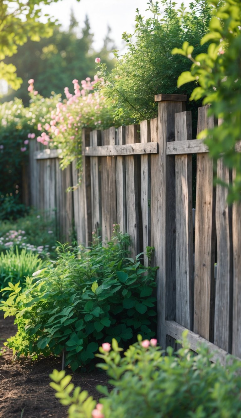 A garden scene with rustic wooden fences surrounded by green shrubs and plants under soft sunlight.