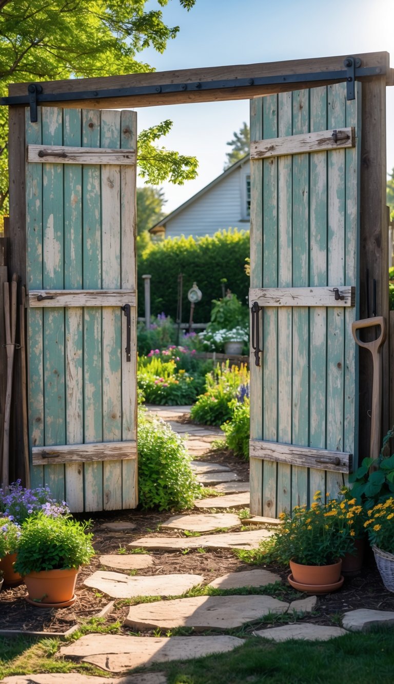 Weathered wooden barn doors used as gates opening to a garden with flowers, shrubs, and a stone pathway.