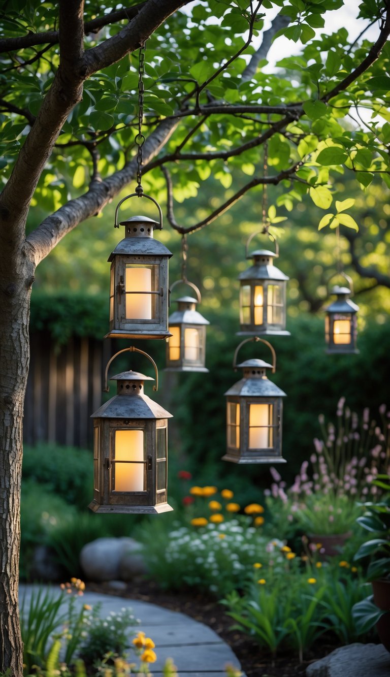 Metal lanterns hanging from tree branches in a garden with plants and greenery.