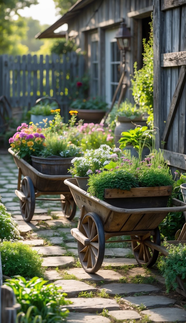 An outdoor garden with antique wooden wheelbarrows filled with colorful flowers and plants along a stone path.