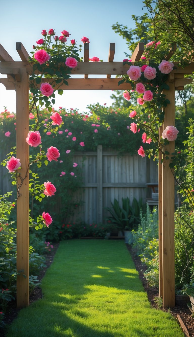 A wooden pergola covered with climbing roses in a garden with grass and plants under a clear sky.