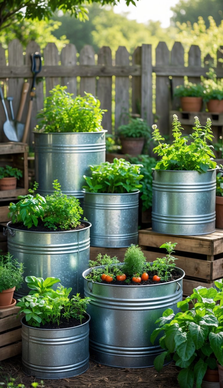 Several galvanized metal tubs filled with various plants arranged outdoors in a garden setting.