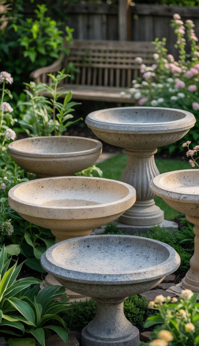 Stone birdbaths with weathered surfaces placed among green plants and flowers in a garden.