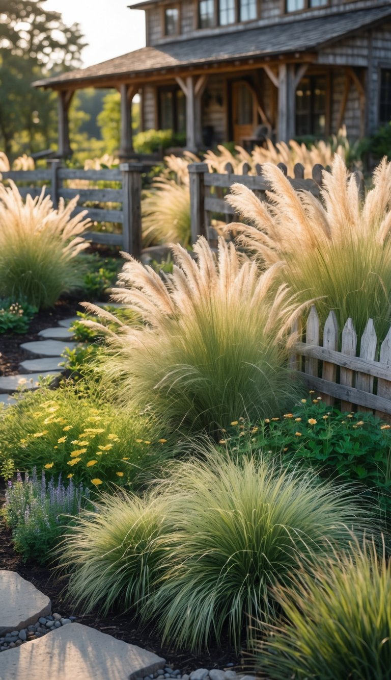 A garden with native grasses and flowering plants surrounding a farmhouse with wooden siding and stone pathways.