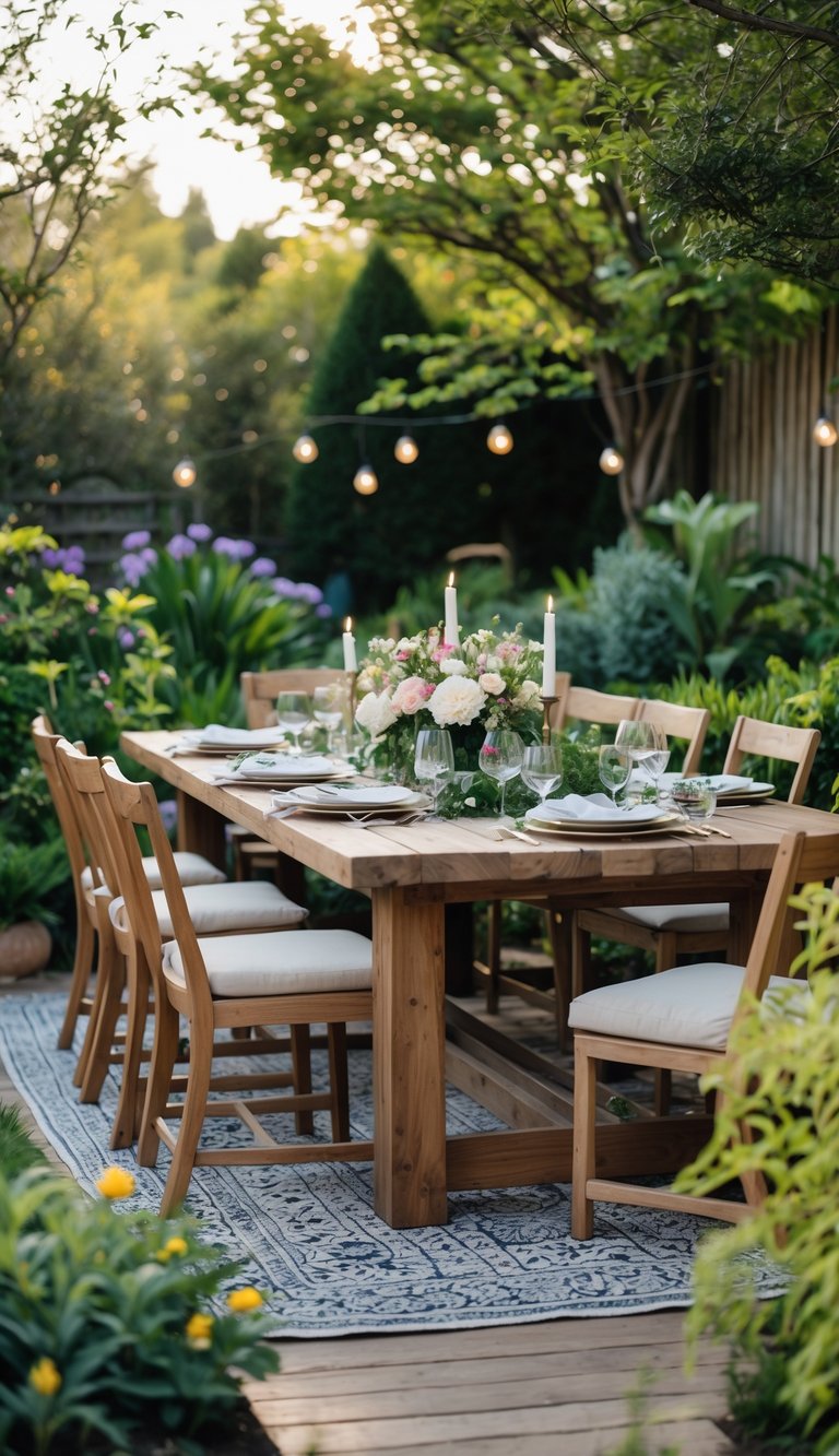 Outdoor dining table set in a garden surrounded by plants and chairs.