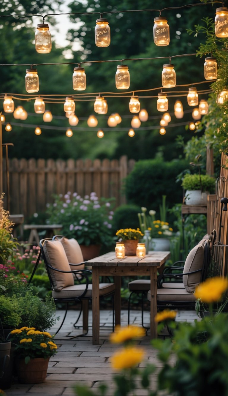 Outdoor garden seating area with mason jar string lights hanging above wooden tables and chairs surrounded by plants.