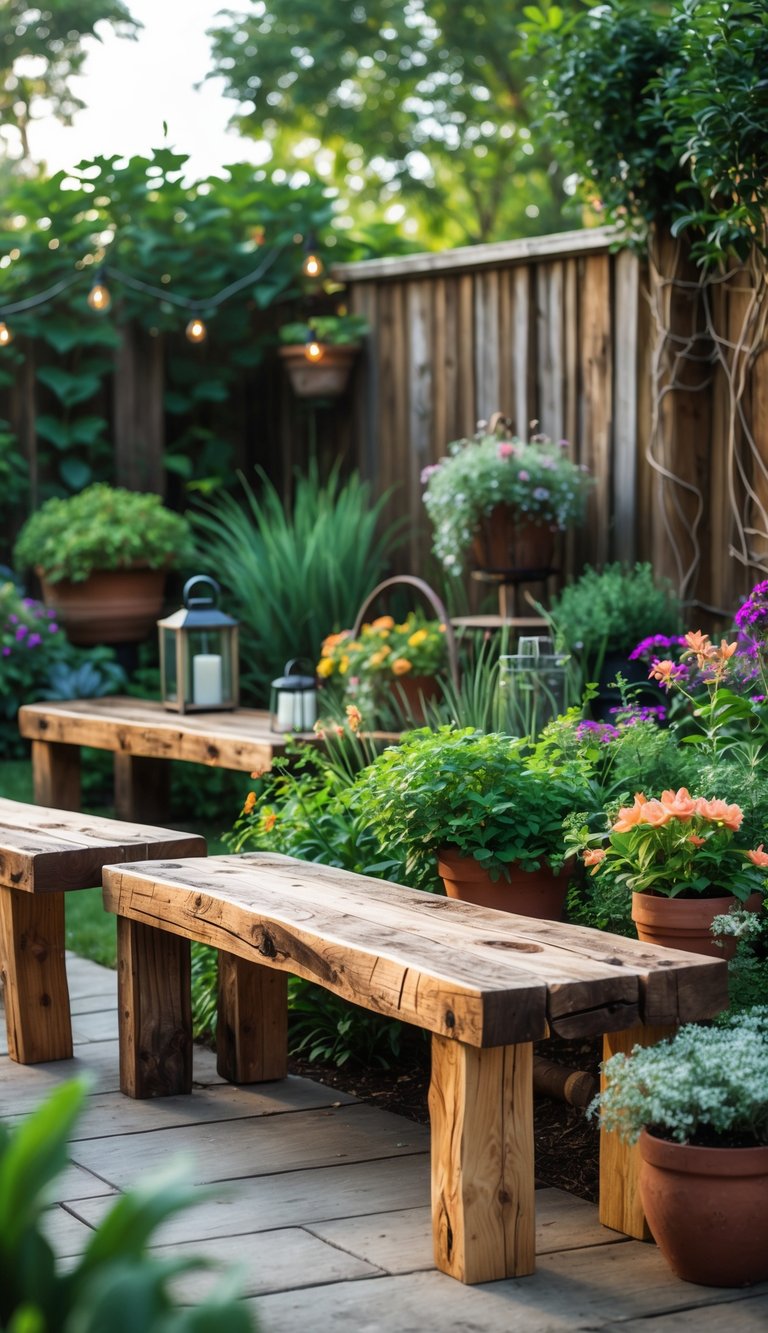 Outdoor garden with several wooden benches surrounded by green plants and flowers.