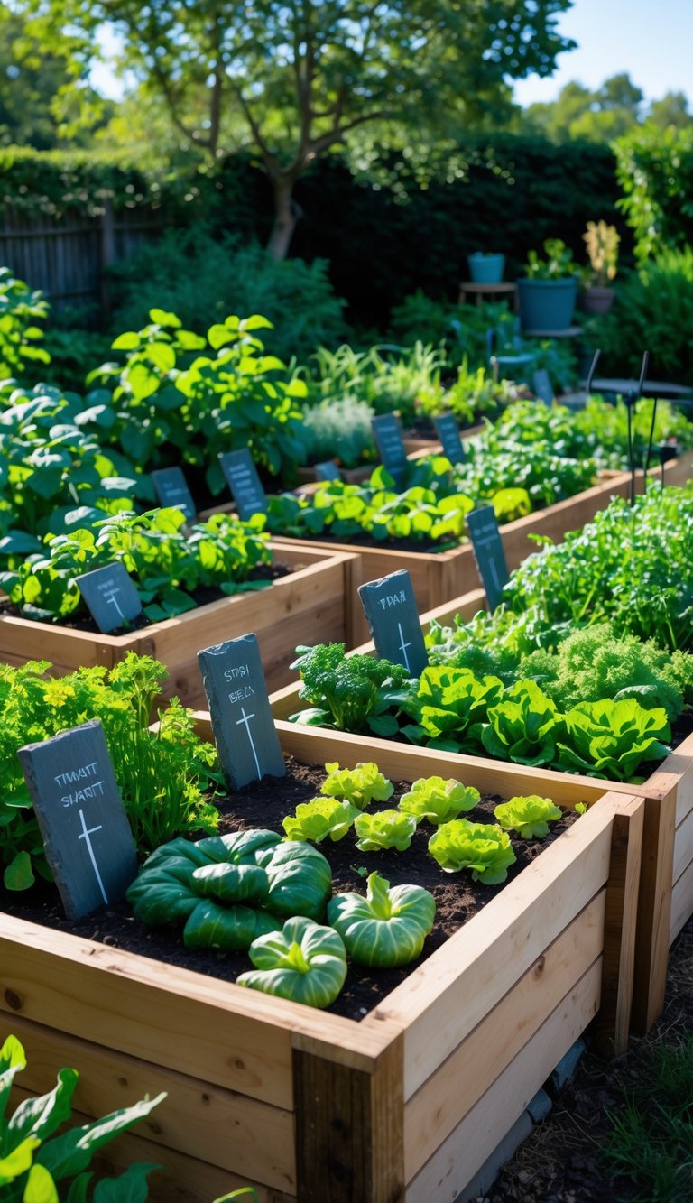A raised vegetable garden with wooden beds and slate markers, filled with various healthy vegetables and herbs in a sunny backyard.