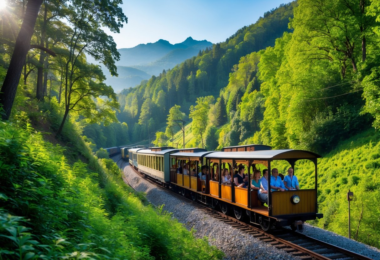 A vintage train traveling through a green forested mountain landscape with passengers enjoying the scenic ride.