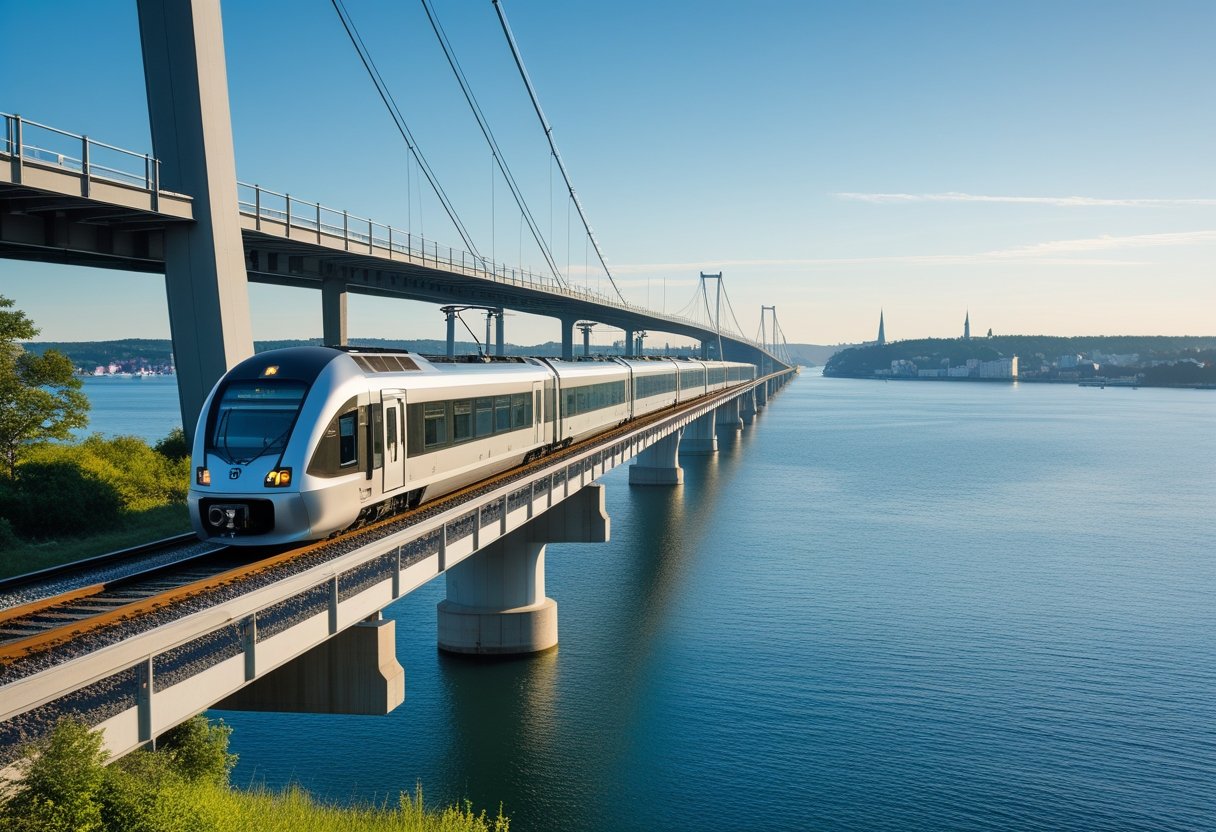 A modern train crossing a long bridge over the sea between two coastal cities.