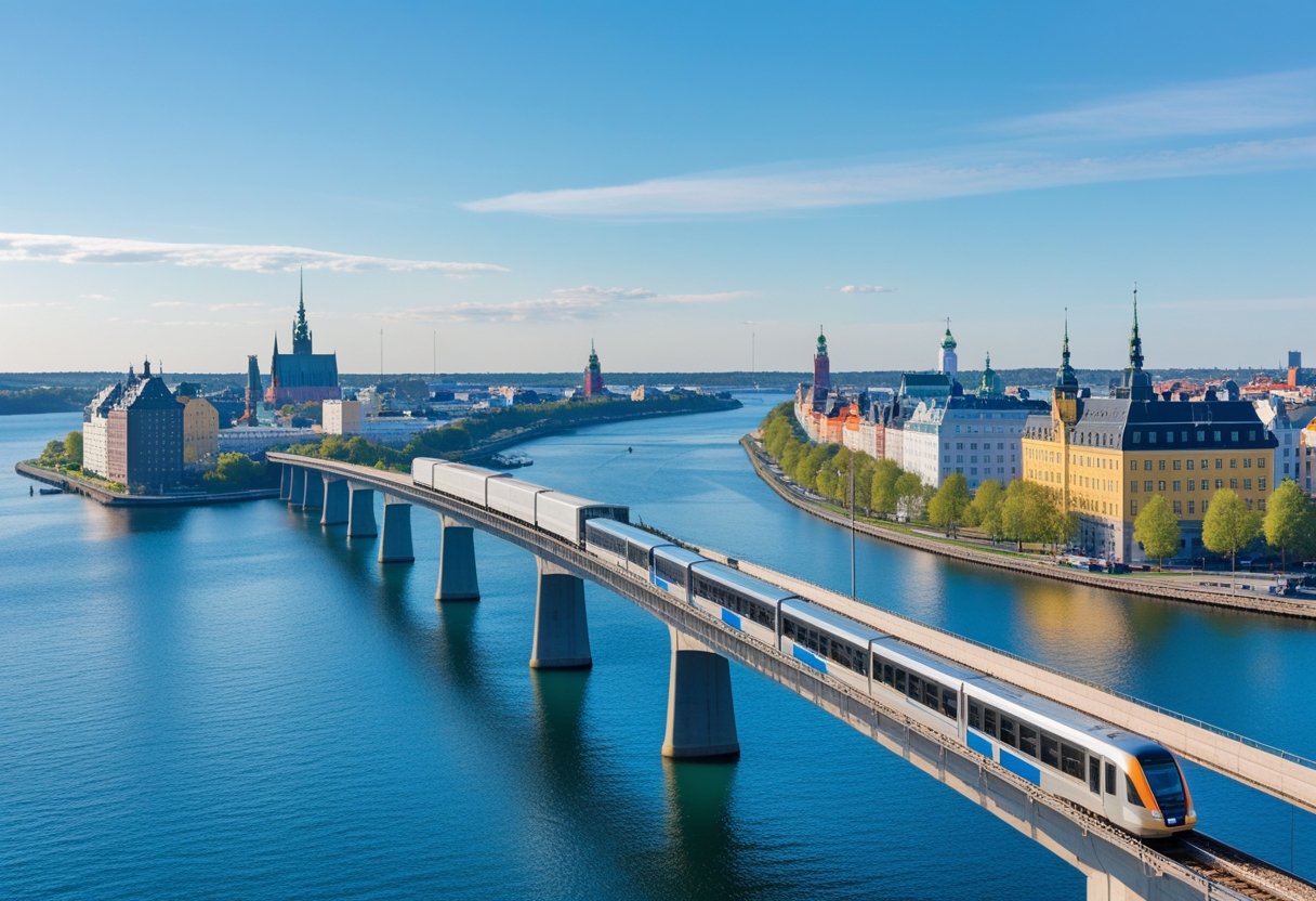 A train crossing the Øresund Bridge over blue water, connecting the city skylines of Copenhagen and Malmö on a clear sunny day.