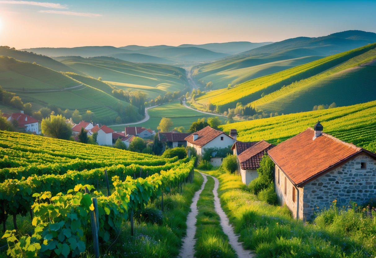 Panoramic view of rolling green hills, vineyards, and traditional stone cottages in the Káli Basin, Hungary, under a clear blue sky.