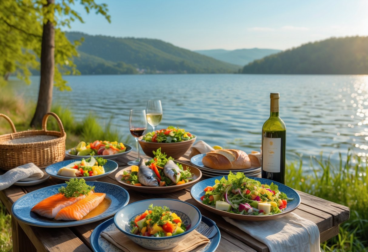 A wooden table near a lake is set with traditional Hungarian dishes, wine, and bread, with hills and water in the background.