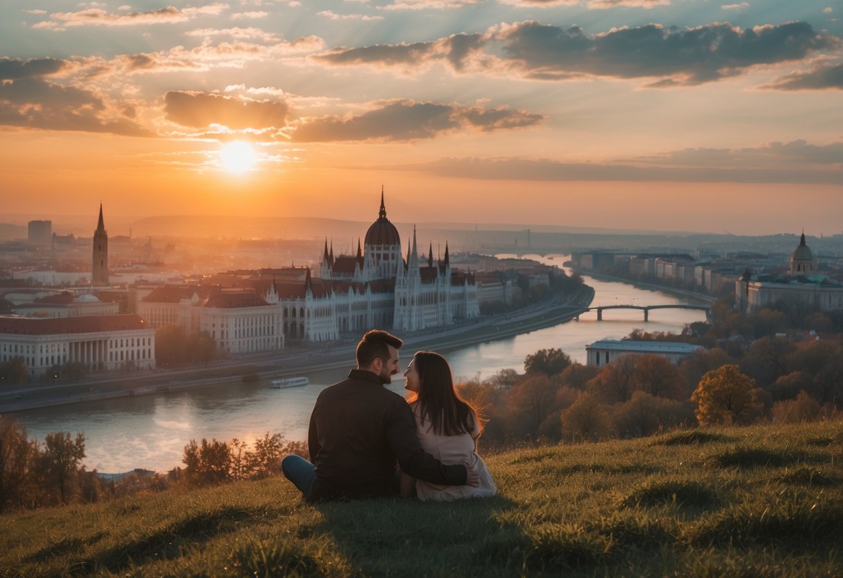 A couple sitting on a hilltop overlooking Budapest at sunset with the city skyline and river visible in the background.