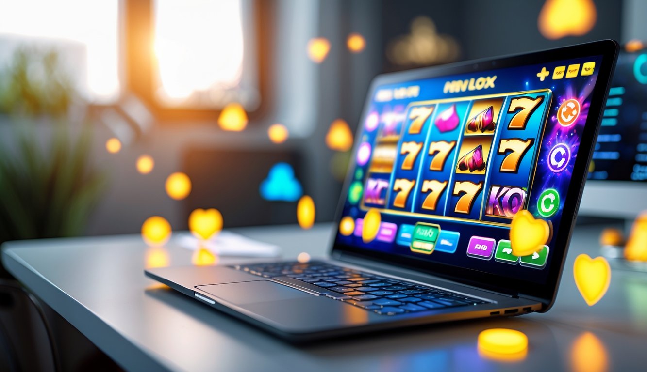 Seorang pengguna sedang bermain permainan slot online di komputer dengan latar belakang ruangan yang nyaman dan pencahayaan hangat.