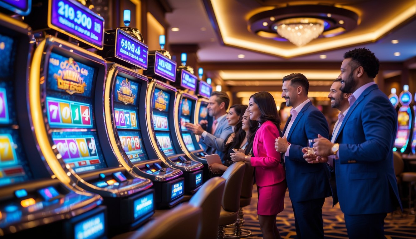 Orang-orang bermain mesin slot di dalam kasino mewah dengan lampu warna-warni dan suasana yang hidup.