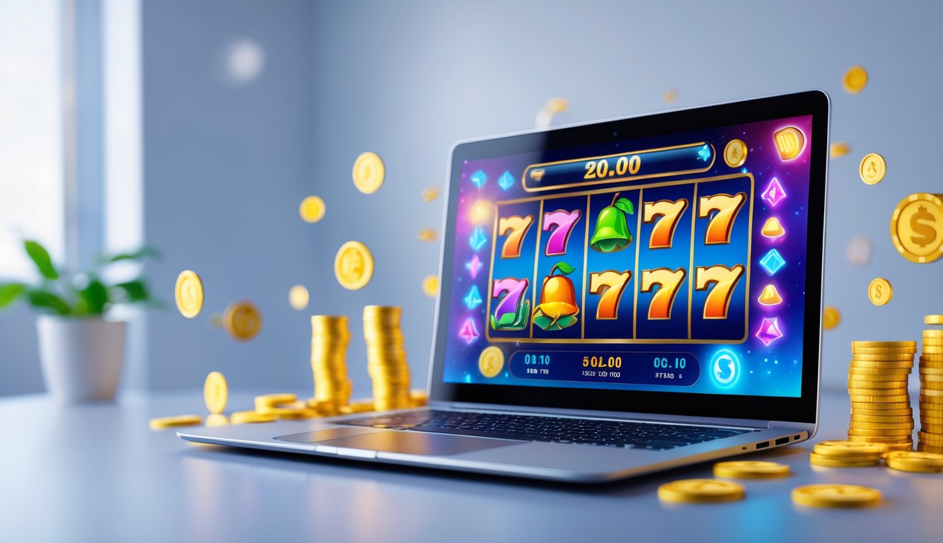 Seorang pengguna sedang bermain permainan slot online di laptop dengan tampilan layar penuh warna dan simbol slot yang berputar.