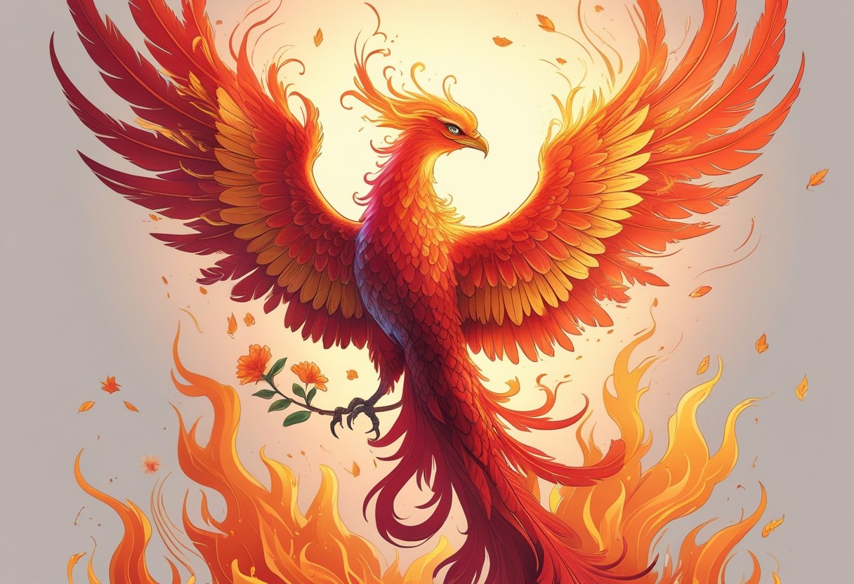 Fênix Tatuagem: Significados, Estilos e Inspirações Uma fênix majestosa ascendendo de chamas vibrantes, com penas em tons de vermelho, laranja e dourado, cercada por flores e cinzas que simbolizam renovação e transformação.