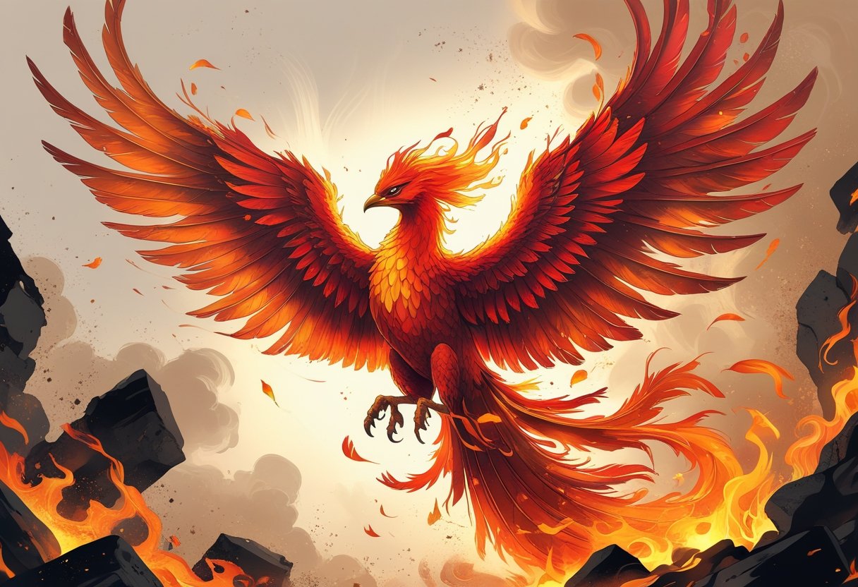Fênix Tatuagem: Significados, Estilos e Inspirações Uma fênix majestosa com penas em tons de fogo ascendendo das cinzas e fumaça, cercada por elementos antigos que remetem às suas origens mitológicas.