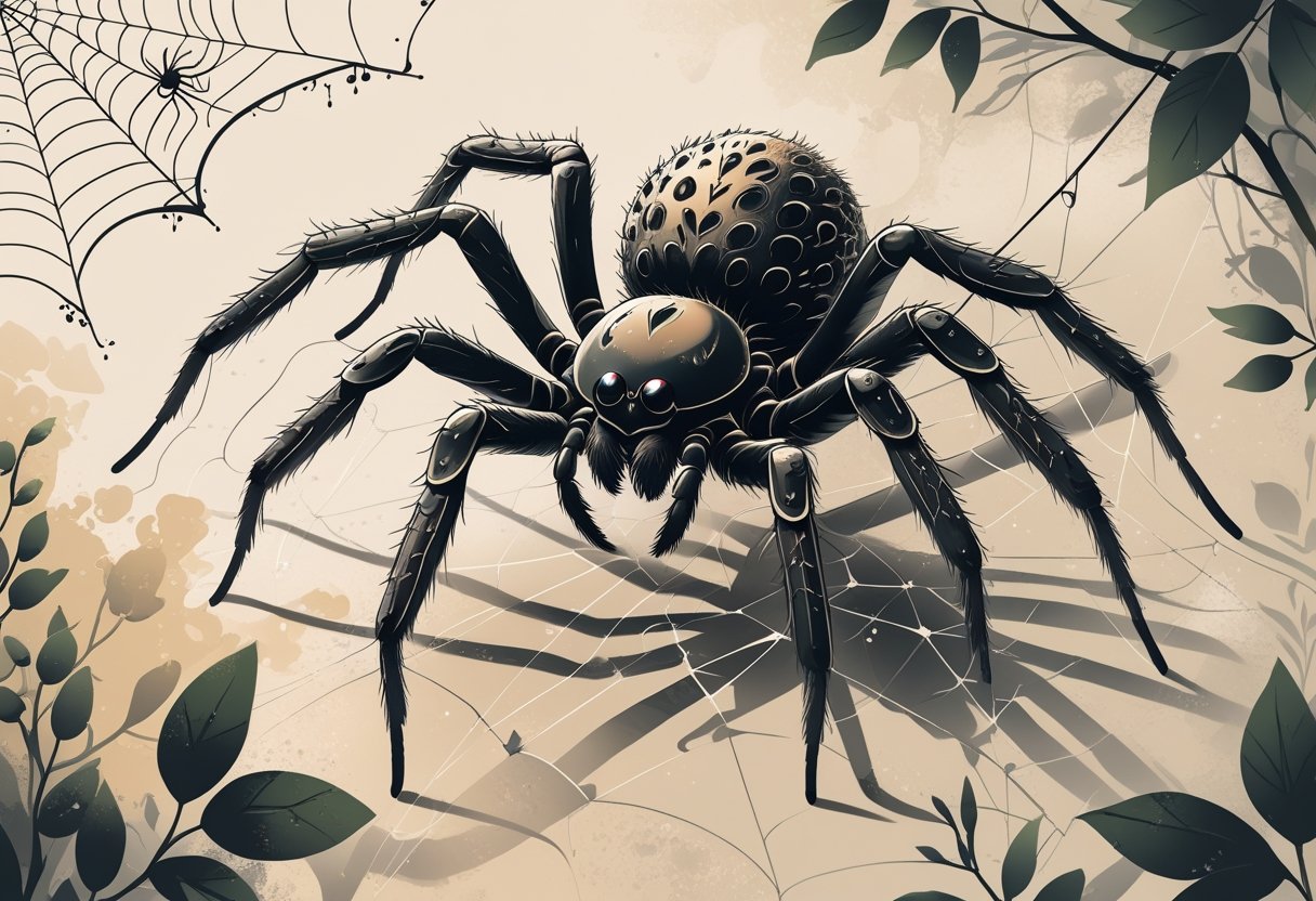 Ilustração de uma aranha detalhada sobre um fundo natural com teias e elementos da natureza.